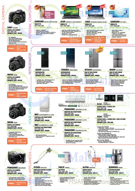 Digital Cameras, Desktop PCs, Fridges, Home Appliances, Sony, Nikon, Panasonic, Samsung, Acer, Asus, Sharp, Toshiba, Dyson, Philips, Alpha