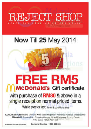 Featured image for (EXPIRED) Reject Shop Spend RM80 & Get FREE McDonald’s Voucher 23 – 25 May 2014