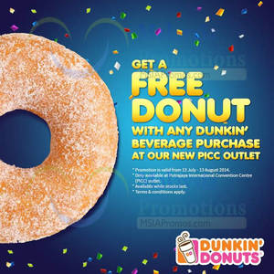 Featured image for (EXPIRED) Dunkin Donuts Buy Beverage & Get FREE Donut @ PICC 13 Jul – 13 Aug 2014