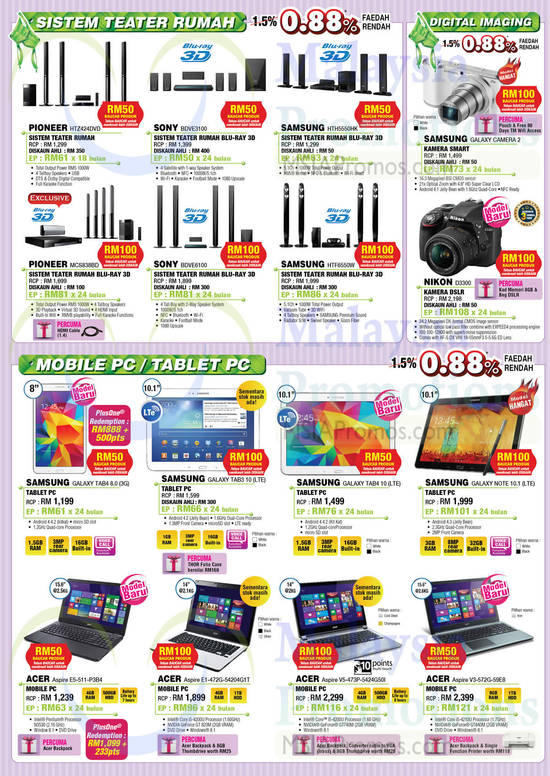 Home Theatre Systems, Tablets, Digital Cameras, Notebooks, Pioneer, Sony, Samsung, Acer, Nikon