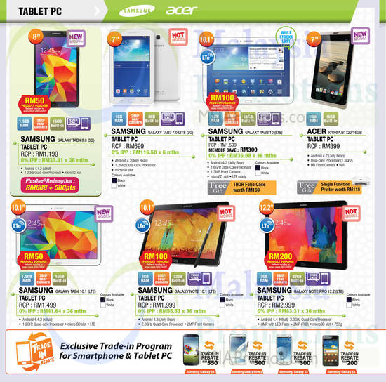 Tablets Samsung Galaxy Tab, Note, Acer Iconia