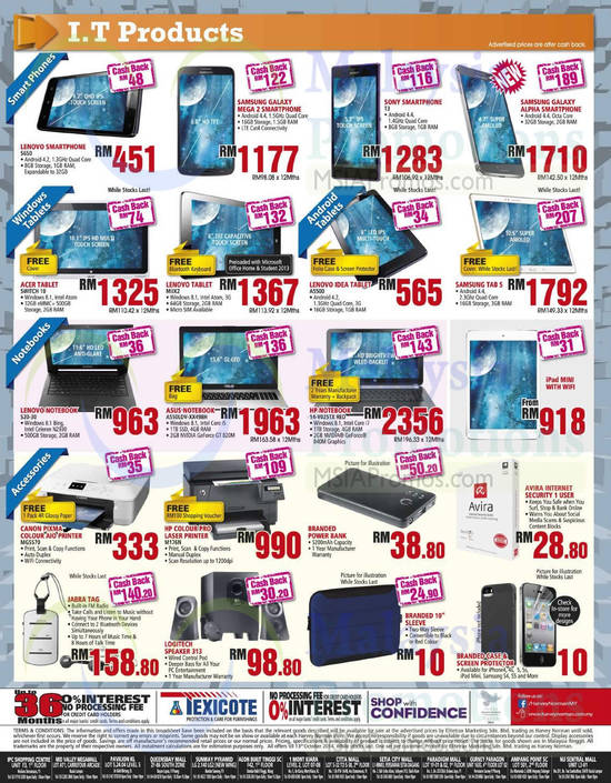 Smartphones, Tablets, Notebooks, Printers, Lenovo, Samsung, Sony, Acer, HP, Canon