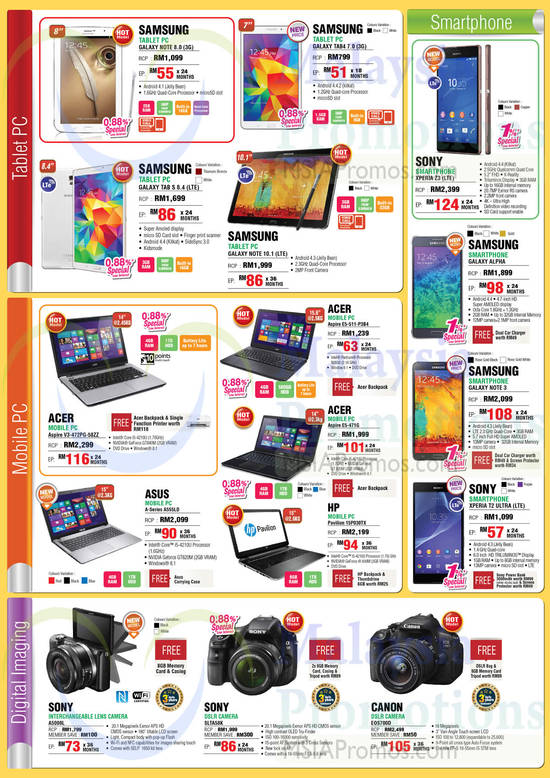 Tablets, Digital Cameras, Smartphone, Notebooks, Samsung, Acer, Asus, Canon, HP, Sony