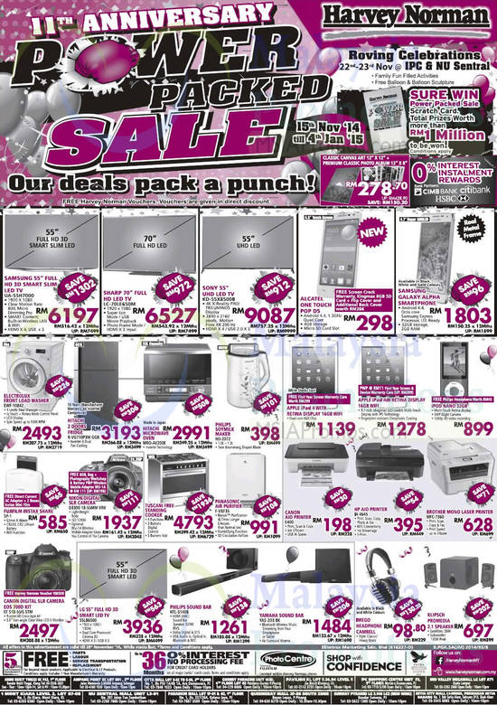 TVs, Washers, Fridges, Digital Cameras, Tablets, Printers, Sound Bars, Samsung, Sharp, LG, Apple, Philips, Canon