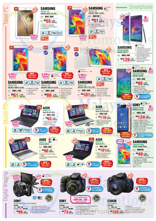 Tablets, Smartphones, Notebooks, Cameras, Sony, Canon, Samsung, Acer