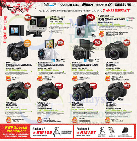 Digital Cameras, DSLR Digital Cameras, GoPro, Samsung, Sony, Canon, Nikon, Velbon, Jenova, Hero4, A5000L, EOS1200D, D3300, EOS700D, D5200