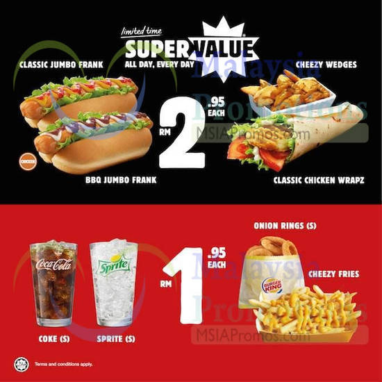 RM2.95 Classic Jumbo Frank, Cheezy Wedges, BBQ Jumbo Frank, Classic Chicken Wrapz, RM1.95 Onion Rings, Cheezy Fries, Coke, Sprite