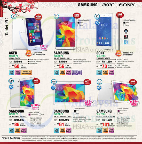 Tablets, Samsung Galaxy, Sony Xperia, Acer Iconia, Samsung Galaxy Tab 4 7.0, Samsung Galaxy Tab S 8.4, Acer Iconia Tab 8W Tablet, Sony Xperia Z3