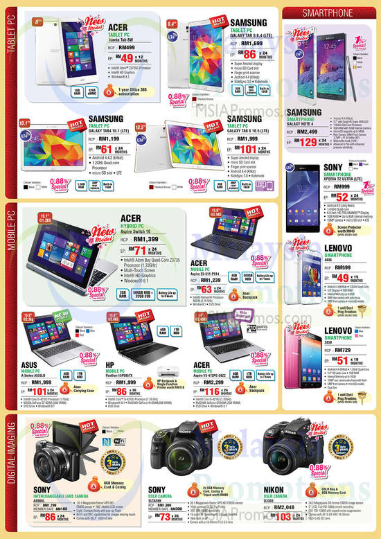 Tablets, Smartphones, Notebooks, Digital Cameras, DSLR Digital Cameras, Samsung Galaxy, Acer, Lenovo, Sony, Nikon, HP