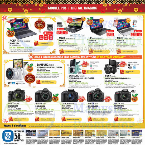 Notebooks, Digital Cameras, DSLR Digital Cameras, Acer Aspire, Samsung, HP Pavilion, ASUS, Nikon, Canon, Sony