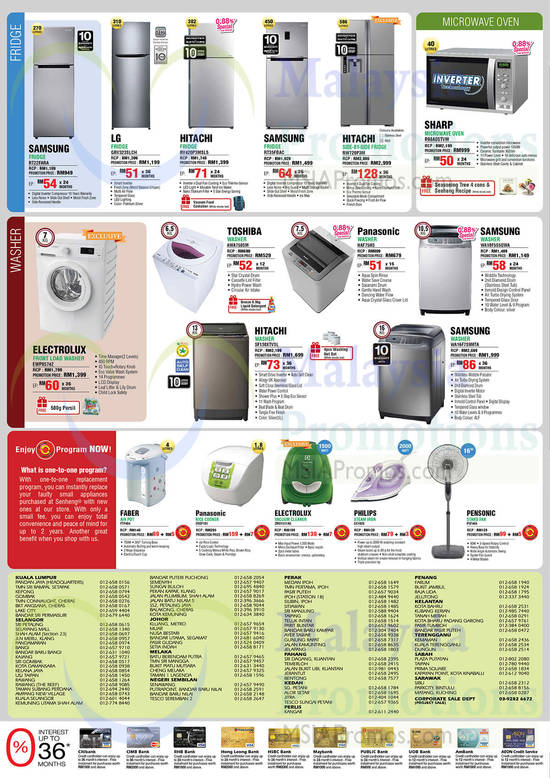 Fridges, Washers, Oven, Air Pot, Rice Cooker, Vacuum Cleaner, Iron, Fan, Samsung, Panasonic, Electrolux, Philips, Pensonic, Toshiba