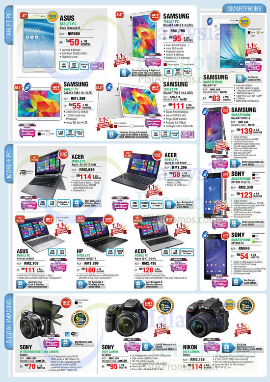 Tablets, Smartphones, Notebooks, DSLR Digital Cameras, Digital Camera, Samsung Galaxy, ASUS, HP, Acer, Sony, Canon