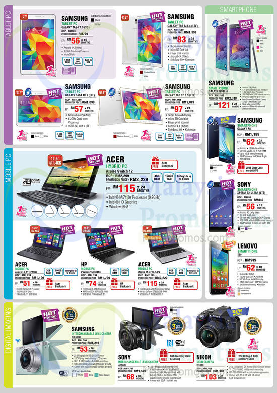 Tablets, Smartphones, Notebooks, Digital Cameras, Samsung Galaxy, Sony Xperia, Lenovo, HP, Acer, Nikon, D3300, A5000L