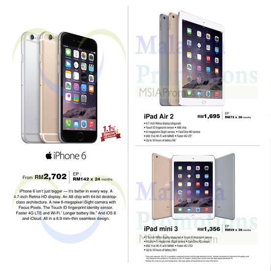 Apple Smartphone, Tablets, Apple iPhone 6, Apple iPad Air 2, Apple iPad Mini 3