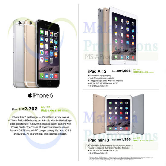 Apple Smartphone, Tablets, Apple iPhone 6, Apple iPad Air 2, Apple iPad Mini 3