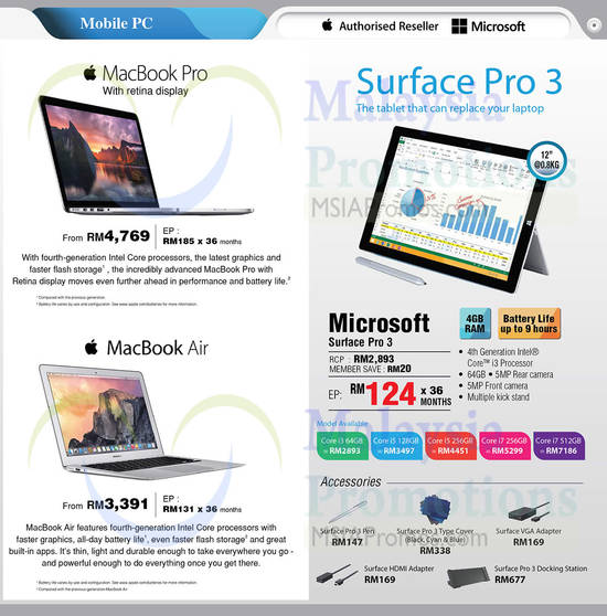 Notebooks, Apple, Microsoft, Apple MacBook Pro With Retina Display, Apple MacBook Air, Microsoft Surface Pro 3, Microsoft Surface Accessories