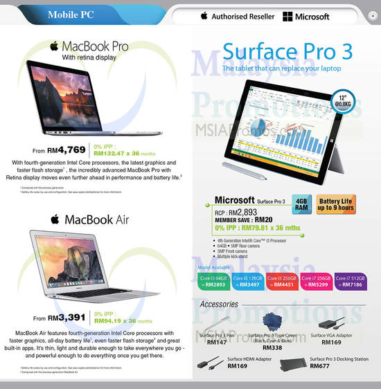 Notebooks, Apple, Microsoft, Apple MacBook Pro With Retina Display, Apple MacBook Air, Microsoft Surface Pro 3, Microsoft Surface Accessories