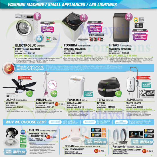 Washers, Fan, Heater, Downlight, Table Lamp, Electrolux, Toshiba, Hitachi, Panasonic, Tefal, Alpha, Osram, Philips