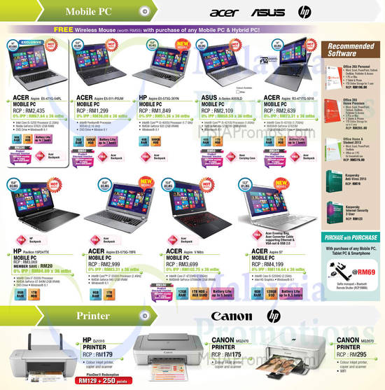 Notebooks, Printers, Software, Acer Aspire, ASUS, HP Pavilion, Canon, HP, Kaspersky, Microsoft, MG2470, MG3570, DJ1510