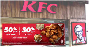 Featured image for KFC M’sia offering 50% off (2pm – 5pm) and 30% off at other times from 12 Mar 2024