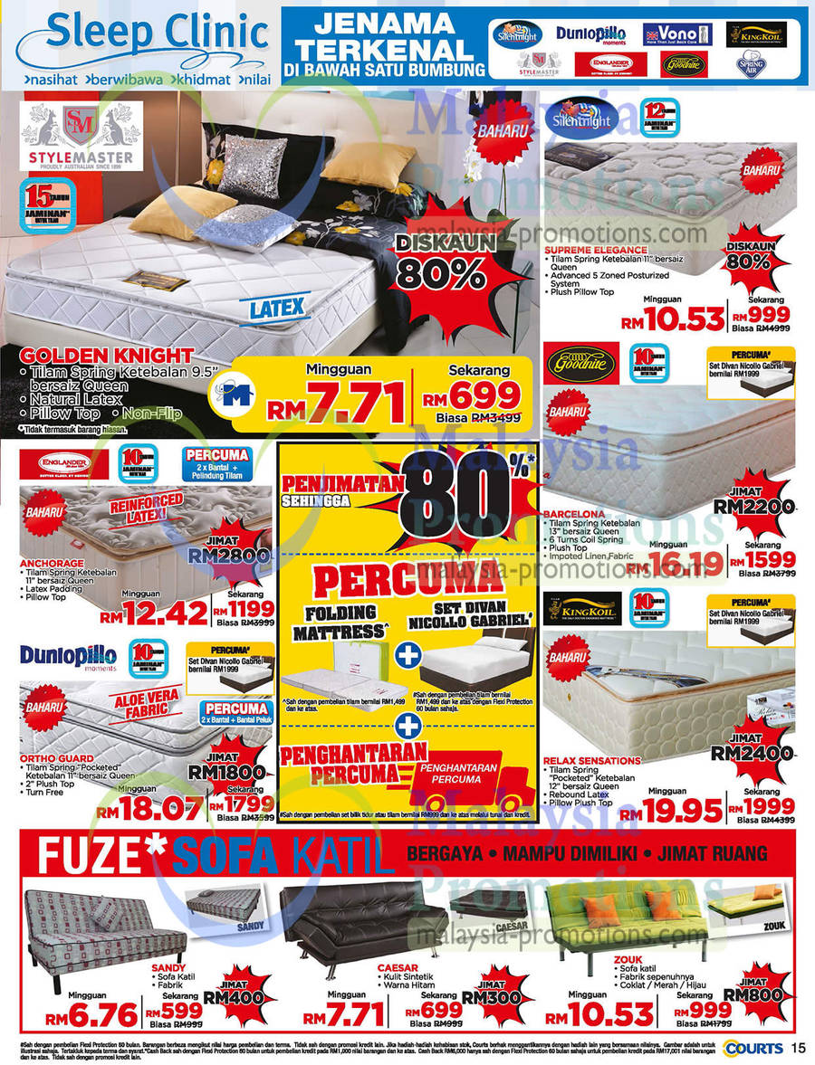 Mattresses, Sofa Beds, Stylemaster Golden Knight, Silentnight, Goodnite, King Koil, Englander, Dunlopillo, Fuze