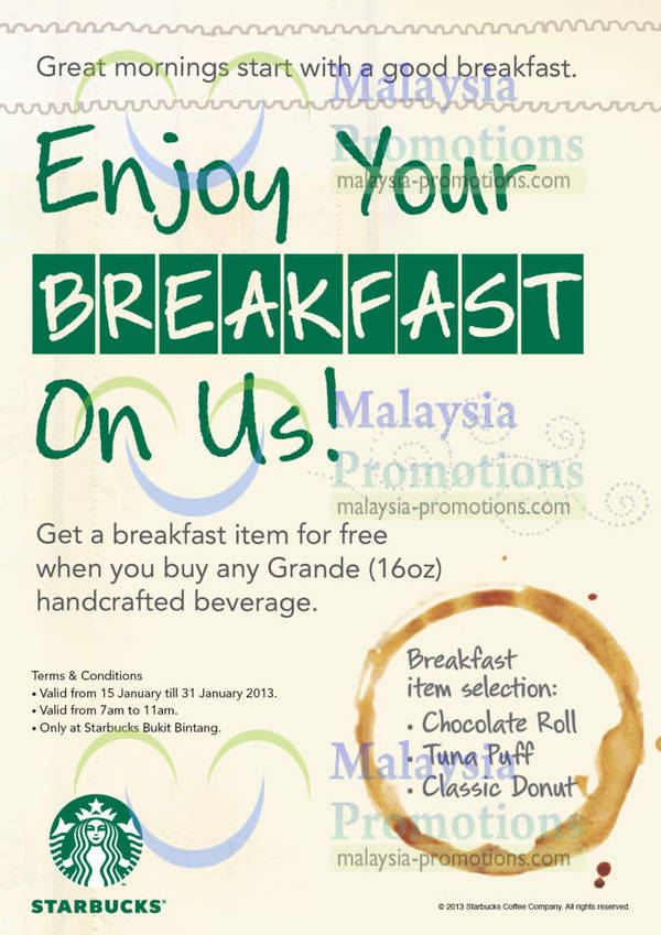 Featured image for (EXPIRED) Starbucks FREE Breakfast Item With Any Grande Purchase @ Bukit Bintang 15 – 31 Jan 2013