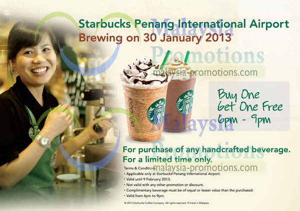 Featured image for (EXPIRED) Starbucks 1 For 1 Coffee Promo @ Penang International Airport 30 Jan – 9 Feb 2013