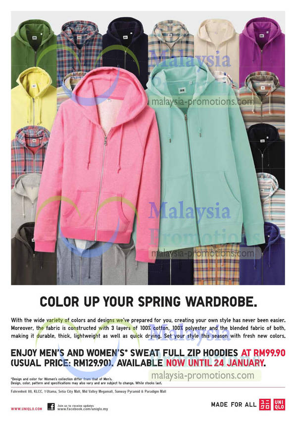 Featured image for (EXPIRED) Uniqlo Sweat Full Zip Hoodies RM20 Off Promotion 10 – 24 Jan 2013