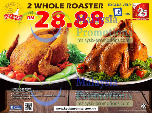 Featured image for (EXPIRED) Ayamas Roasters RM28.88 For Two Whole Roaster Coupon 24 – 28 Feb 2013
