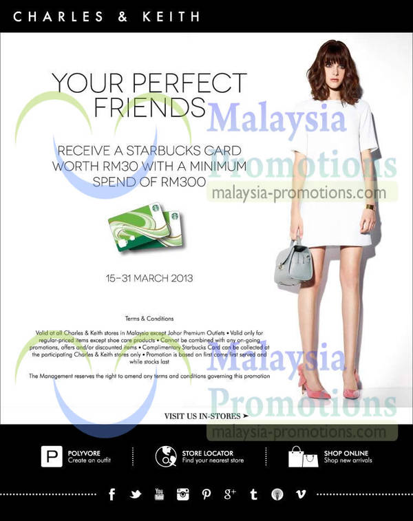 Featured image for (EXPIRED) Charles & Keith FREE RM30 Starbucks Card With RM300 Spend @ Nationwide 15 – 31 Mar 2013