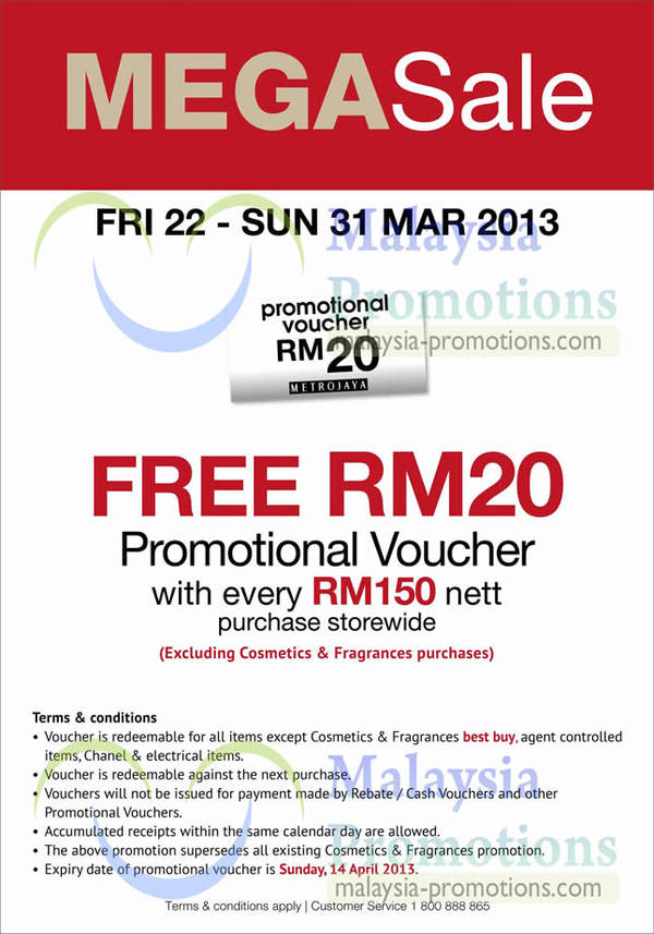 Featured image for (EXPIRED) Metrojaya Mega Sale FREE RM20 Voucher With RM150 Spend 22 – 31 Mar 2013