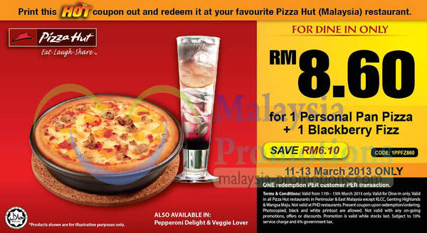 Featured image for (EXPIRED) Pizza Hut RM8.60 Personal Pan Pizza & Blackberry Fizz Dine-In Coupon 11 – 13 Mar 2013