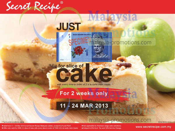 Featured image for Secret Recipe RM1 For Slice of Cake Offer 11 – 24 Mar 2013