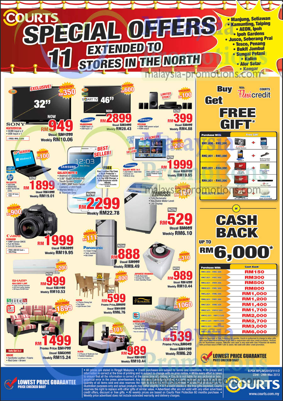 TV, Home Theatre Systems, Notebook, Cameras, Air Conditioners, Sofa, Mattresses, Sony, Samsung, HP, Canon, Sharp, Stitch Design, King Koil