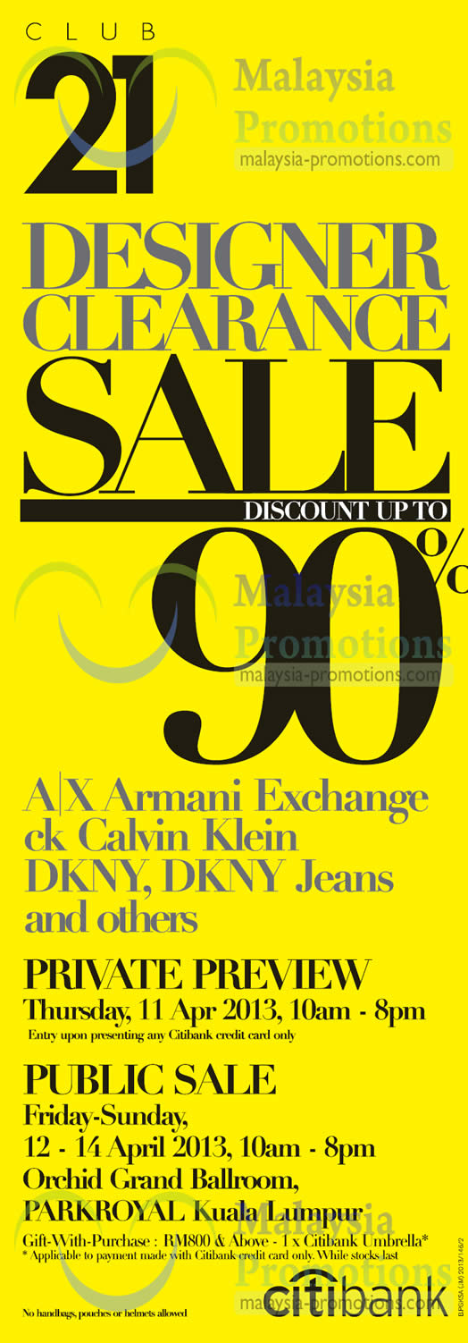 Featured image for (EXPIRED) Club 21 Designer Clearance Sale Up To 90% OFF @ Parkroyal Kuala Lumpur 12 – 14 Apr 2013