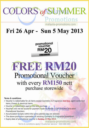 Featured image for (EXPIRED) Metrojaya FREE RM20 Voucher With RM150 Spend 26 Apr – 5 May 2013