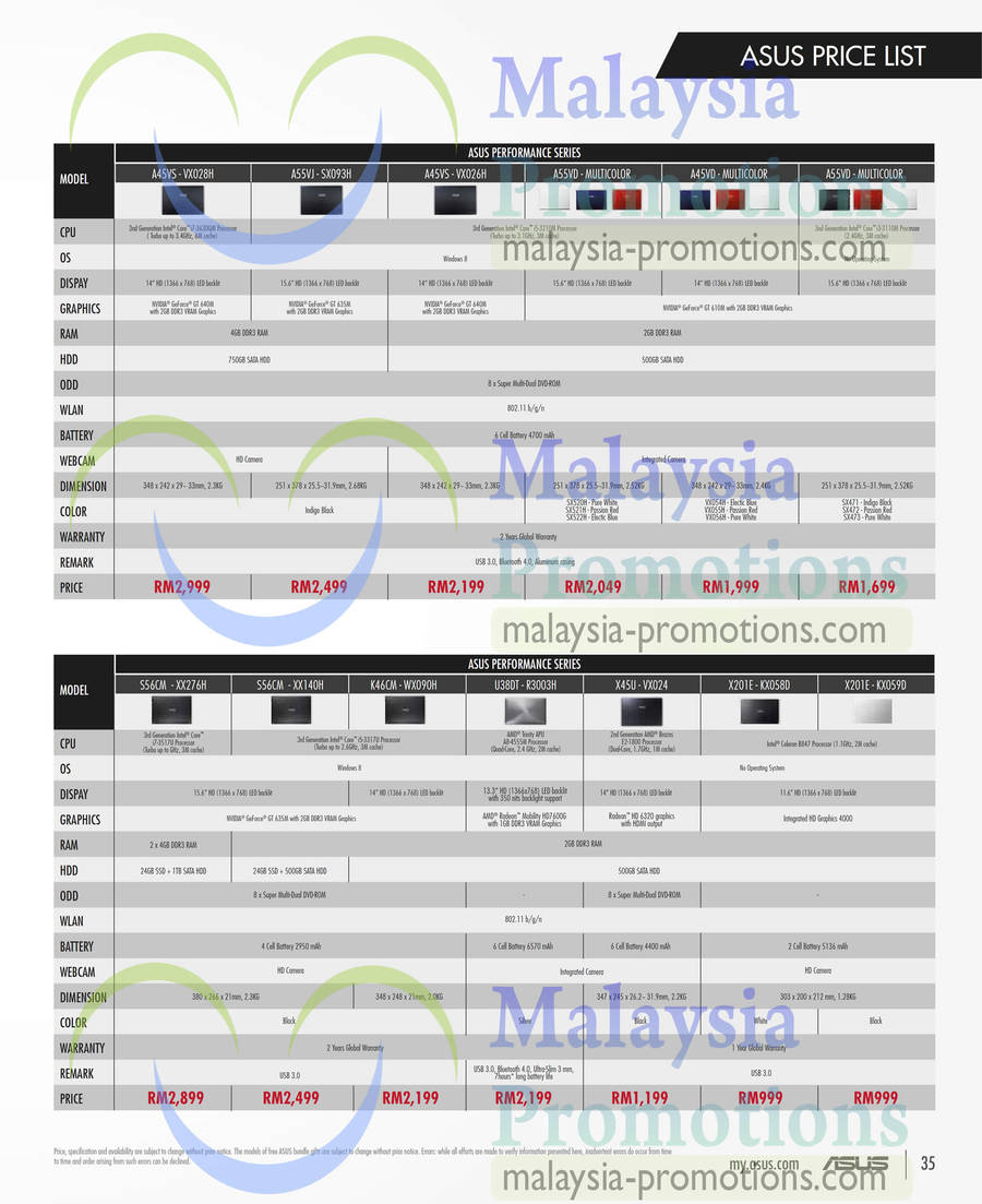 Notebooks A45VS – VX028H, A45VS – VX026H, S56CM – XX276H, K46CM – WX090H, X45U – VX024, X201E – KX059D