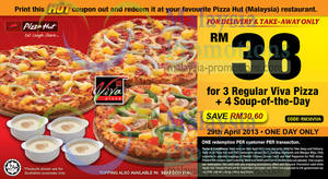 Featured image for (EXPIRED) Pizza Hut Coupon RM38 For 3 Reg Viva Pizza & 4 Soup (Save RM30.60) 29 Apr 2013