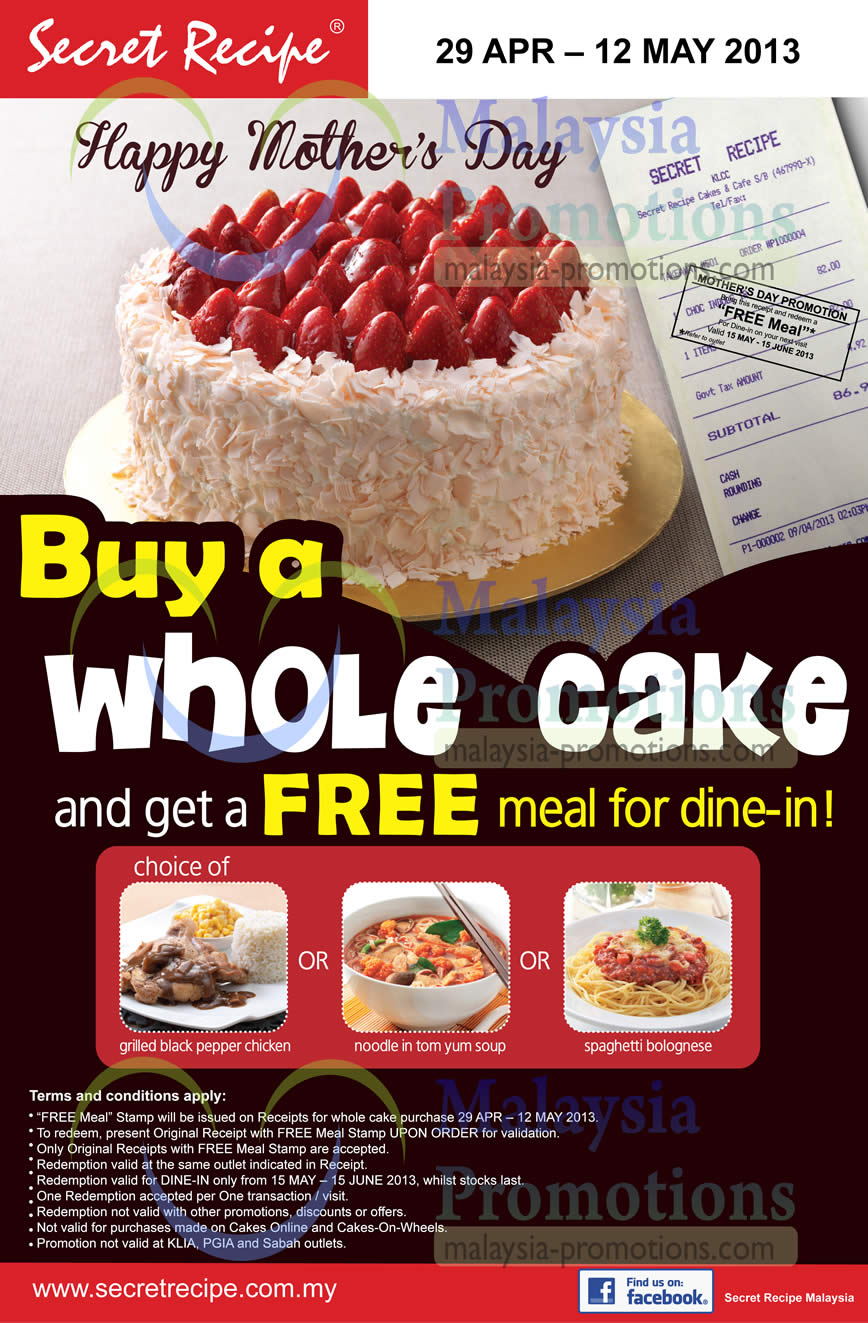 Secret Recipe FREE Meal With Cake Purchase 29 Apr – 12 May 2013