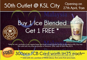 Featured image for (EXPIRED) The Coffee Bean & Tea Leaf 1 For 1 Ice Blended @ KSL City Mall 27 Apr – 26 May 2013