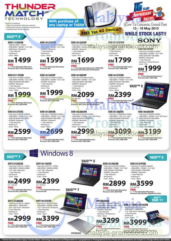 14 May Sony Vaio Notebooks E, T, S Series