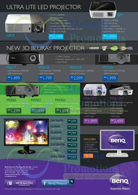 Benq Projectors, GP10, GP2, MS517, MX518, MW519, MX520, MS502, MX501, MX503, MS612ST, MX613ST, G615HDPL Monitor, GL950A