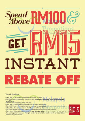 Featured image for F.O.S FREE RM15 Rebate With RM100 Purchase @ Nationwide 10 – 26 May 2013
