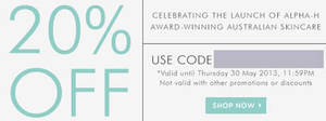 Featured image for (EXPIRED) Luxola 20% Off Alpha-H Award-Winning Skincare Coupon Code 29 – 30 May 2013