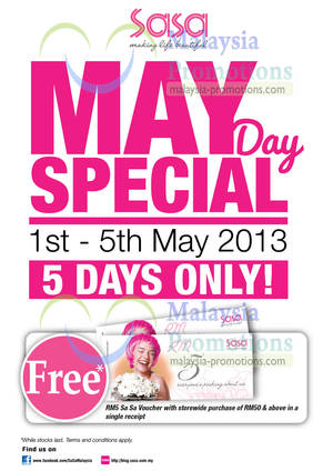 Featured image for (EXPIRED) SaSa May Day Special Promo & FREE RM5 Voucher With RM50 Spend @ Nationwide 1 – 5 May 2013