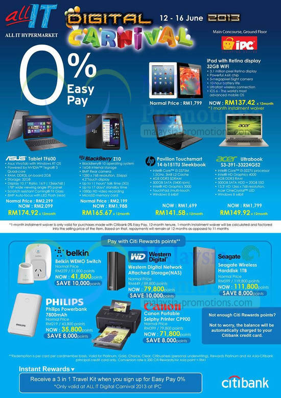 Apple iPad 4, ASUS Transformer TF600, Blackberry Z10, HP 14-b151TU Sleekbook, Acer S3-391-33224G52