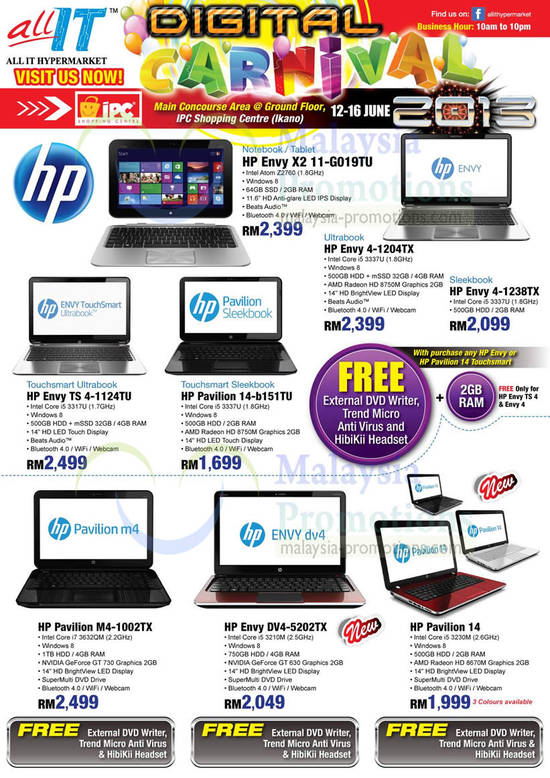 HP Notebooks Envy X2 11-G019TU, 4-1124TU, 14-b151TU, 4-1204TX, 4-1238TX, M4-1002TX, DV4-5202TX