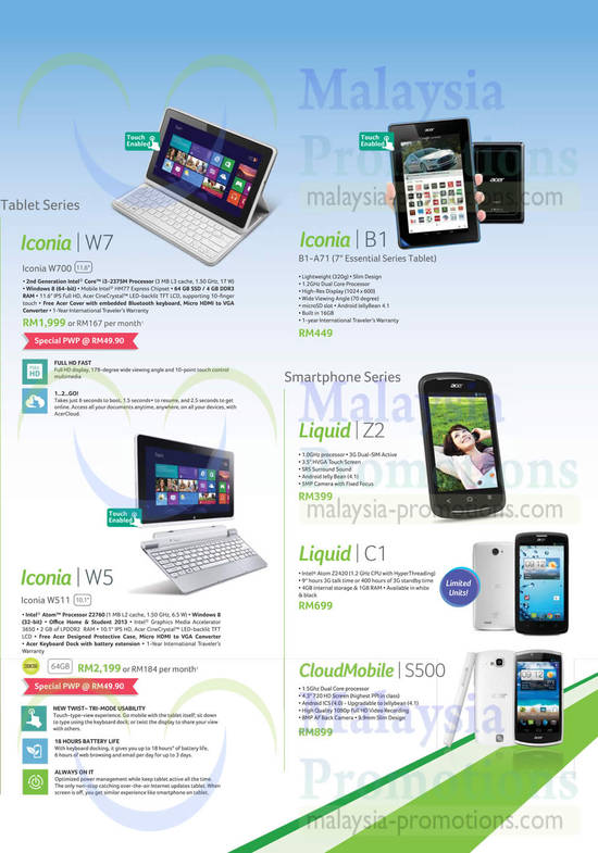 Iconia  Tablets, Smartphones, W700, B1-A71, W511, Z2, C1