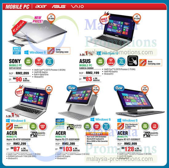 Notebooks Sony Vaio SVT14113CVS, Asus S400CA-CA006H, Acer Aspire V5-471P-53334G50, P3-171-5333Y4G06