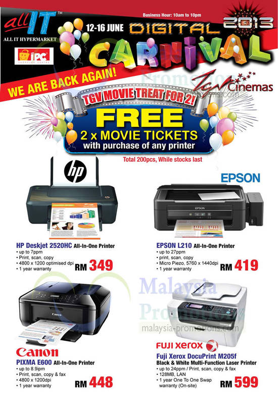 Printers HP Deskjet 2520HC, Epson L210, Canon Pixma E600, Fuji Xerox DocuPrint M205f